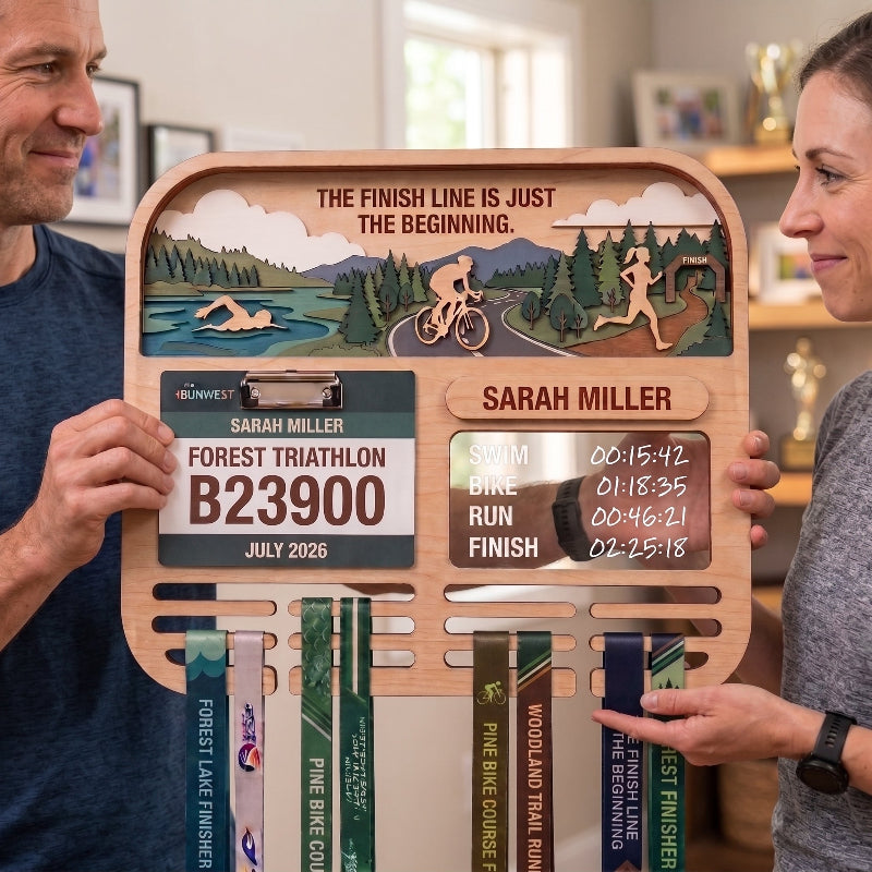Layered Triathlon Medal Display, Forest Race Bib Holder & Custom Medal Hanger, Triathlete Gift, Race Day Keepsake