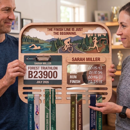 Layered Triathlon Medal Display, Forest Race Bib Holder & Custom Medal Hanger, Triathlete Gift, Race Day Keepsake