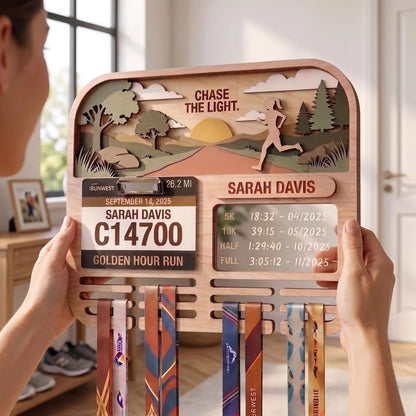 Personalized Running Medal Holder & Race Bib Display, Wooden Marathon Medal Hanger, Sunset Run Design