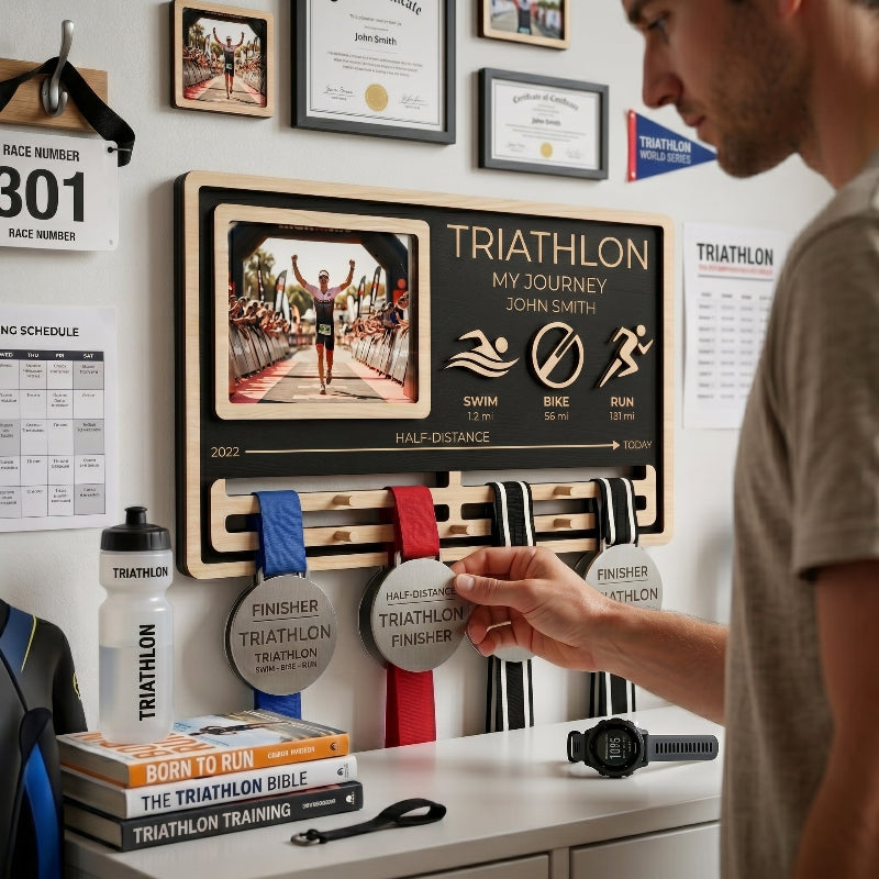 My Journey Triathlon Medal Holder, Personalized 70.3 Medal Display, Custom Wooden Medal Hanger, Gift for Triathletes