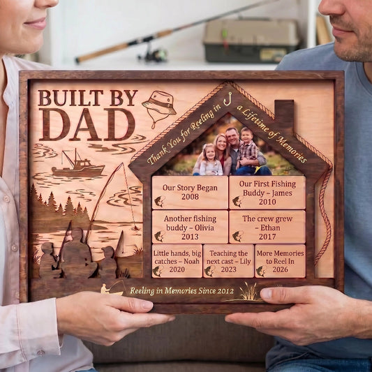 Reeling In Memories Built By Dad Wooden Sign, Personalized Fishing Gift for Dad, Father’s Day Gift, Custom Family Timeline Plaque