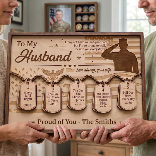 Veteran Timeline Wooden Sign with Dog Tag, Personalized Military Gift for Husband, Father’s Day Veteran Keepsake Plaque