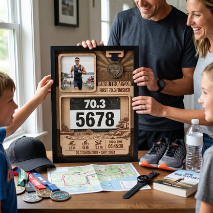 First 70.3 Triathlon Bib and Medal Display, Personalized Santa Cruz Race Bib Holder, Custom Triathlon Medal Hanger