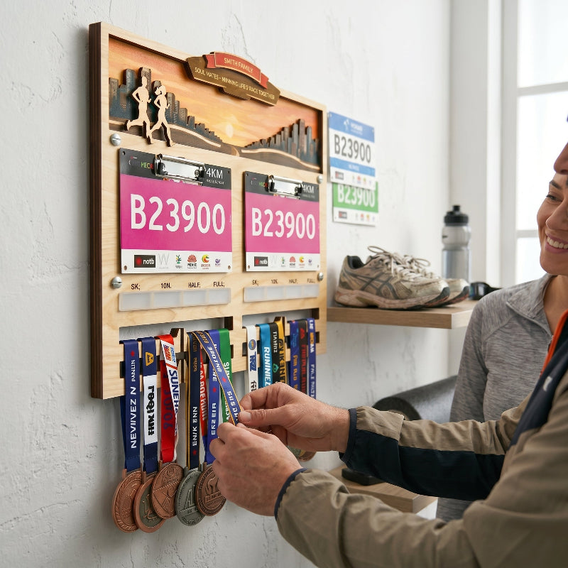 Personalized Couple’s Running Medal and Bib Display Sunset Theme, Custom Marathon Medal Holder for Couples, Wooden Race Achievement Wall Decor, Gift for Runners