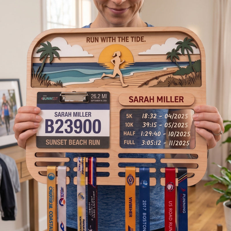 Personalized Running Medal Holder, Sunset Beach Design, Race Bib Display with Optional Running Tracker