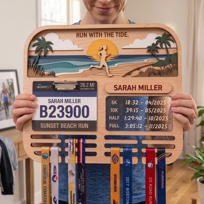 Personalized Running Medal Holder, Sunset Beach Design, Race Bib Display with Optional Running Tracker