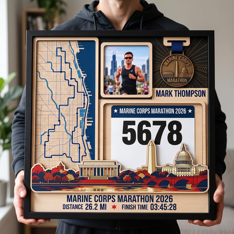 Marine Corps Marathon Medal Display, Personalized Race Bib and Photo Frame, Layered Design with Route Map Option