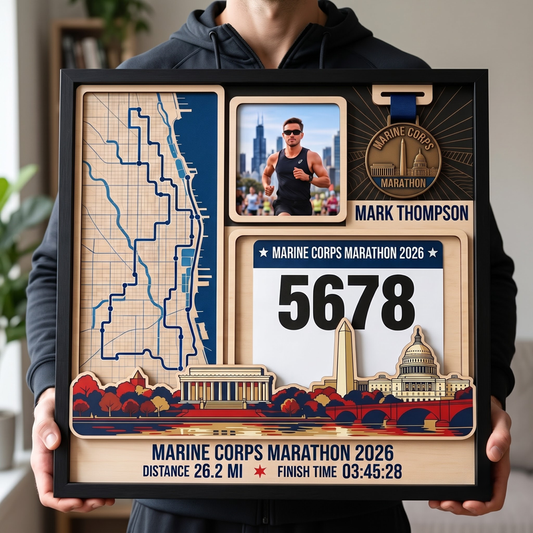 Marine Corps Marathon Medal Display, Personalized Race Bib and Photo Frame, Layered Design with Route Map Option