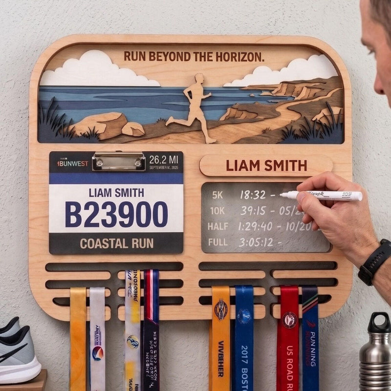 Personalized Marathon Medal Display, Running Medal Holder & Race Bib Display, Coastal Cliff Design