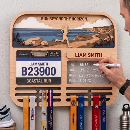 Personalized Marathon Medal Display, Running Medal Holder & Race Bib Display, Coastal Cliff Design