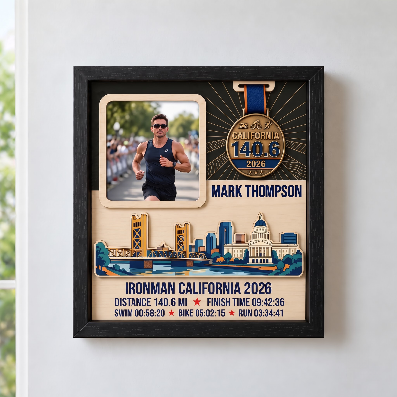 Triathlon Medal Display Frame, Personalized Medal Hanger, Race Bib & Photo Display with Route Option, Triathlete Gift