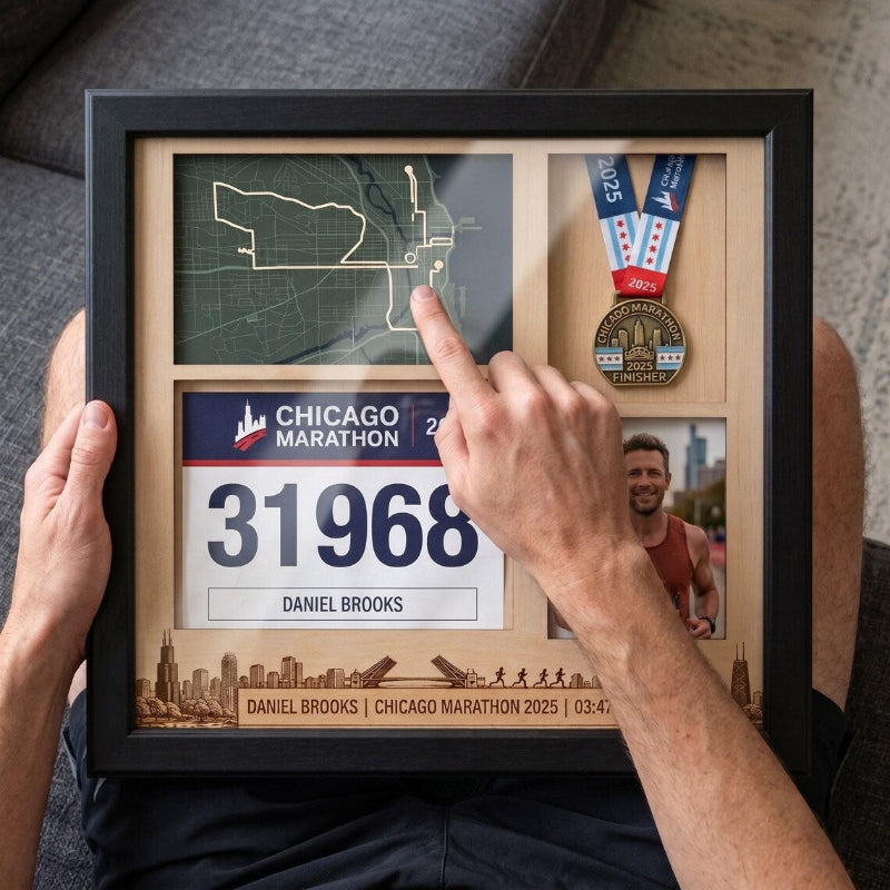 Chicago Marathon Shadow Box Display, Race Bib Medal and Photo Holder, Personalized Running Memory Box for Marathon Runners