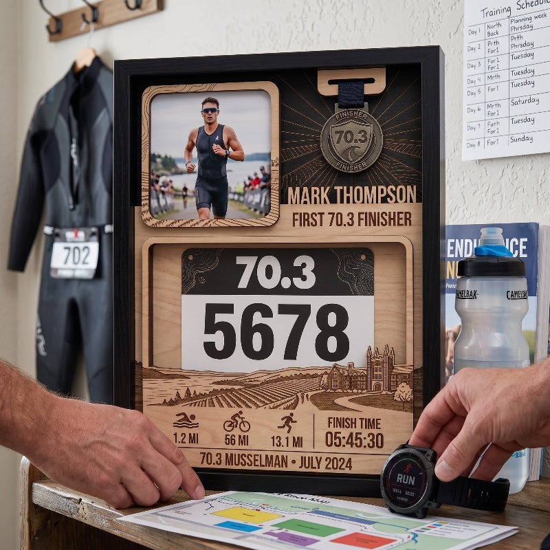 First 70.3 Triathlon Bib and Medal Display, Personalized Musselman Race Bib Holder, Custom Triathlon Medal Hanger