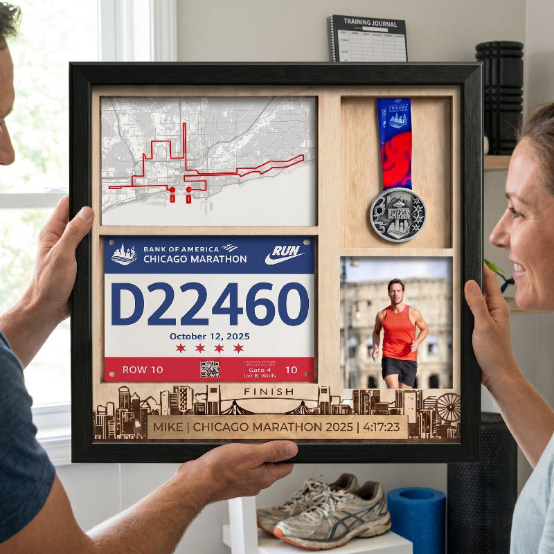 Chicago Marathon Shadow Box Display, Race Bib Medal and Photo Holder, Personalized Running Memory Box, Gift for Marathon Runners
