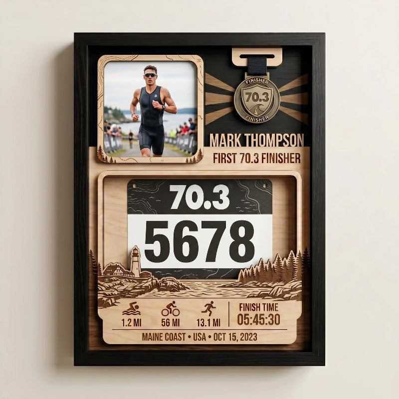 First 70.3 Triathlon Bib and Medal Display, Personalized Maine Race Bib Holder, Custom Triathlon Gift