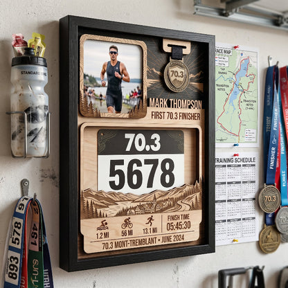 Custom Triathlon Bib and Medal Display, First 70.3 Tremblant Race Bib Holder, Personalized Finisher Keepsake