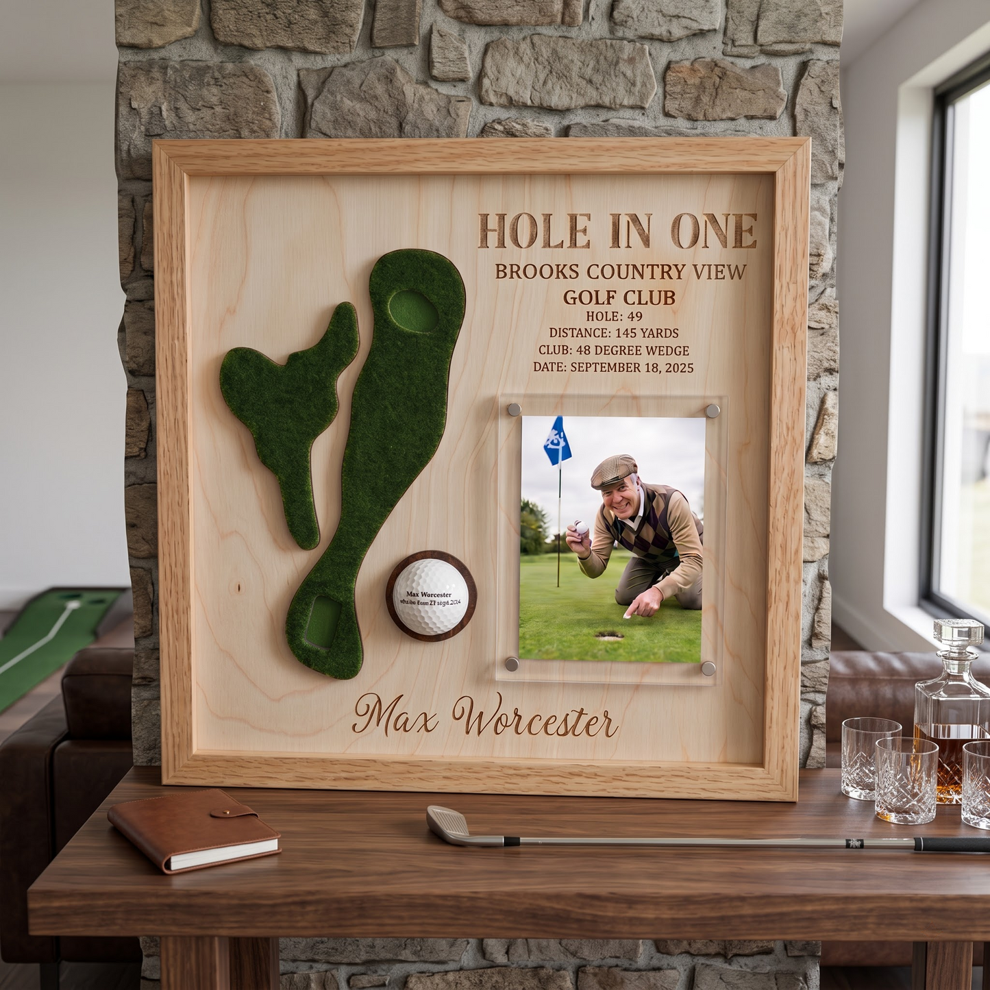 Hole in One Golf Ball Display Personalized Golf Plaque Brass Name Tag Golf Gift
