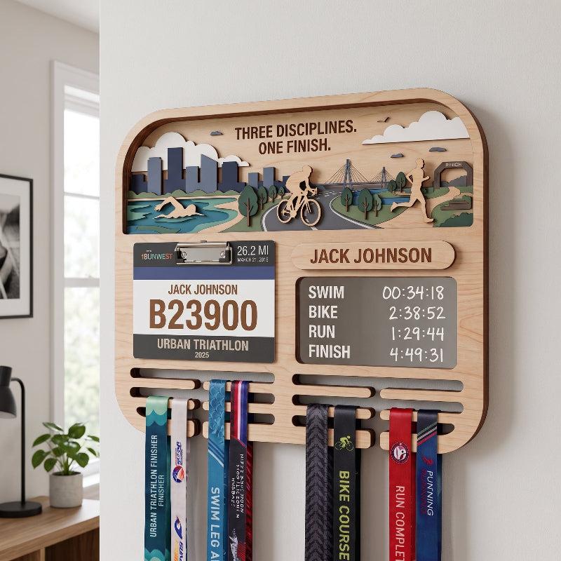 Personalized Triathlon Medal Display, Forest Medal Hanger, Optional Race Bib Holder, Triathlete Gift