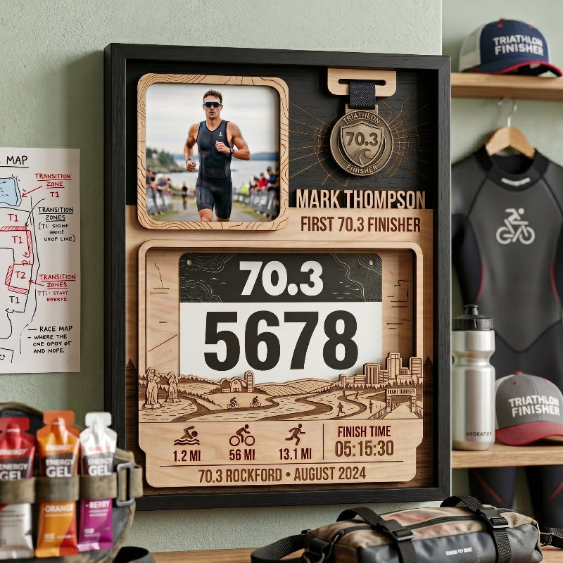 Personalized Rockford 70.3 Bib and Medal Display, First Triathlon Race Bib Holder, Custom Finisher Medal Keepsake