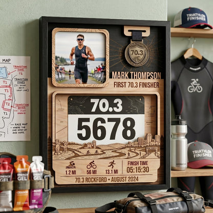 Personalized Rockford 70.3 Bib and Medal Display, First Triathlon Race Bib Holder, Custom Finisher Medal Keepsake