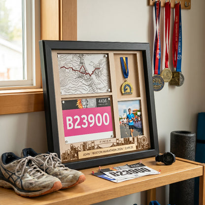 Personalized Running Medal Holder, Race Bib Medal and Photo Display, Custom Marathon Memory Wall Hanger, Gift for Runners