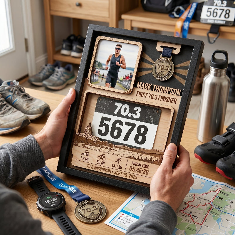 Personalized First 70.3 Race Bib Display, Wisconsin  Triathlon Medal Holder, Custom Bib and Medal Display Gift