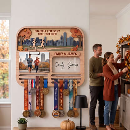 Personalized Turkey Trot Medal Hanger for Couples, Wooden Running Medal Holder, Thanksgiving Gift