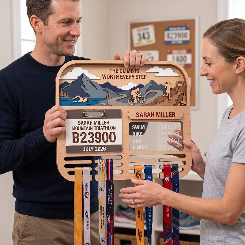 Personalized Triathlon Medal Holder, Layered Mountain Medal Display, Optional Race Bib Holder, Triathlete Gift