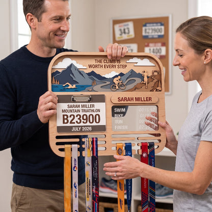 Personalized Triathlon Medal Holder, Layered Mountain Medal Display, Optional Race Bib Holder, Triathlete Gift
