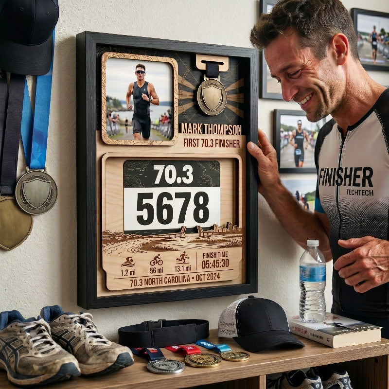 Personalized First 70.3 Triathlon Bib and Medal Display, Personalized North Carolina Race Bib Holder, Custom Triathlon Medal Hanger