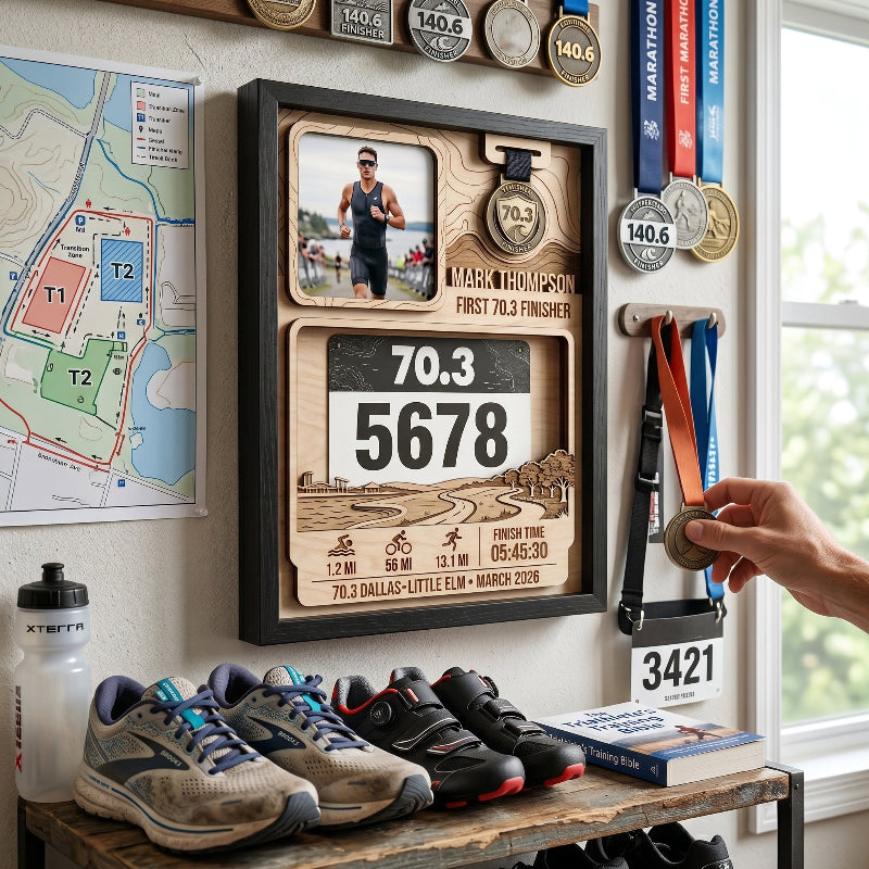 Personalized First 70.3 Race Bib Display, Dallas Triathlon Medal Holder, Custom Bib and Medal Display Gift