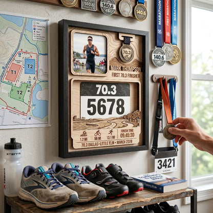 Personalized First 70.3 Race Bib Display, Dallas Triathlon Medal Holder, Custom Bib and Medal Display Gift