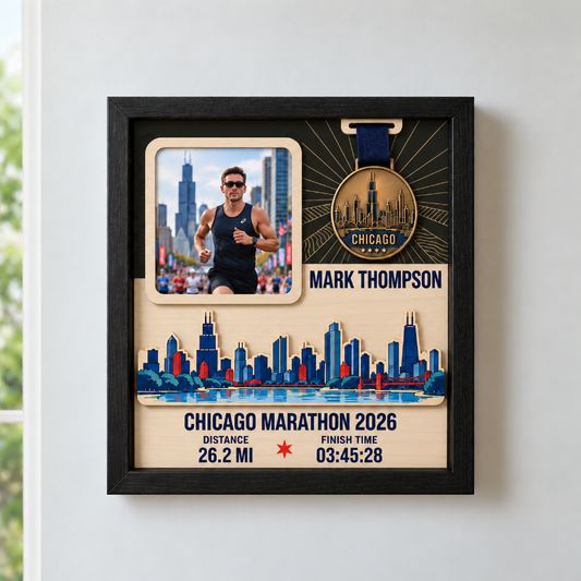 Chicago Marathon Layering Medal Hanger, Personalized Race Route Map on Wood, Custom Bib & Medal Display with Photo, Gift for Marathon Finisher