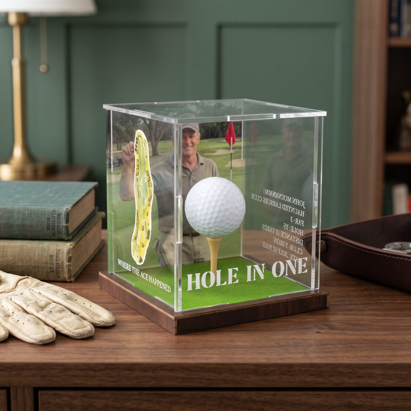 Hole in One Display with Photo, Personalized Golf Ball & Course Map Mica Box, Custom Golf Gift for Dad, Golf Keepsake for Him