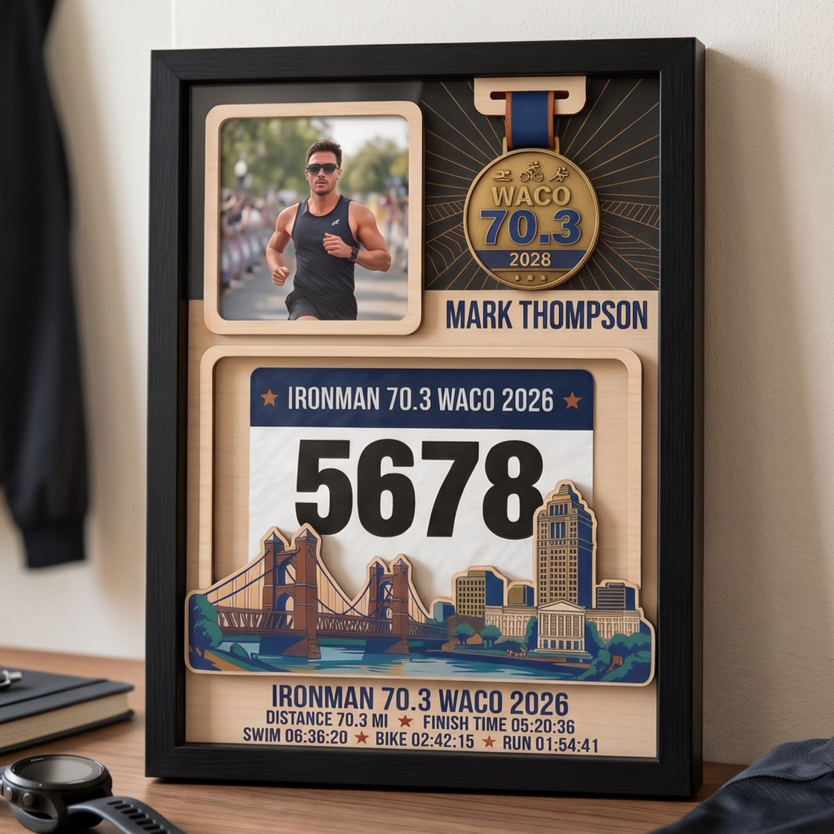 Waco Triathlon Medal Display, Personalized Medal Hanger with Photo, Race Bib & Route Options, Triathlete Gift