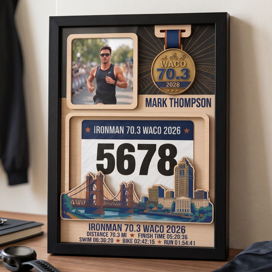 Waco Triathlon Medal Display, Personalized Medal Hanger with Photo, Race Bib & Route Options, Triathlete Gift