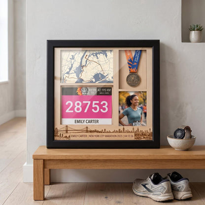 New York Marathon Shadow Box Display, Race Bib Medal and Photo Holder, Personalized Running Memory Box for Marathon Runners