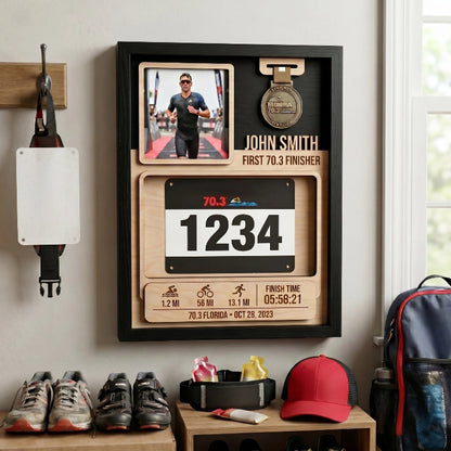 First 70.3 Triathlon Bib and Medal Display, Personalized Race Bib Holder, Half Distance Finisher Gift