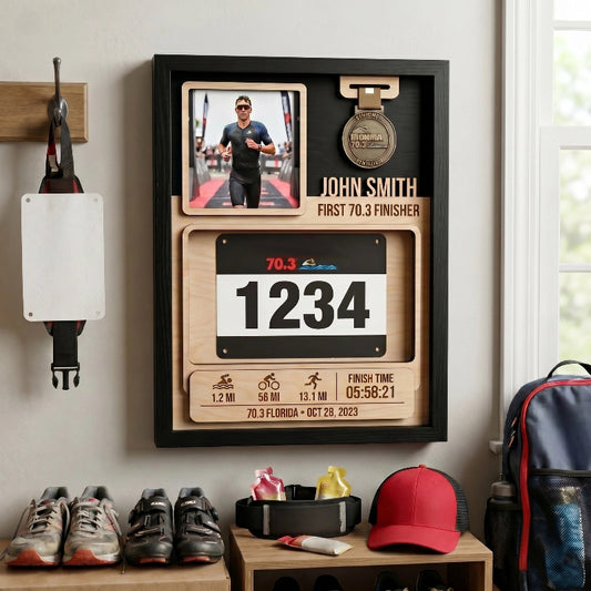 First 70.3 Triathlon Bib and Medal Display, Personalized Race Bib Holder, Half Distance Finisher Gift