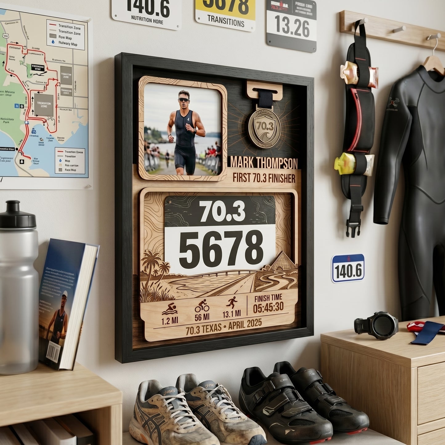 Personalized Texas 70.3 Bib and Medal Display, First Triathlon Finisher Keepsake, Custom Race Bib Holder