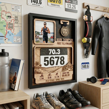 Personalized Texas 70.3 Bib and Medal Display, First Triathlon Finisher Keepsake, Custom Race Bib Holder
