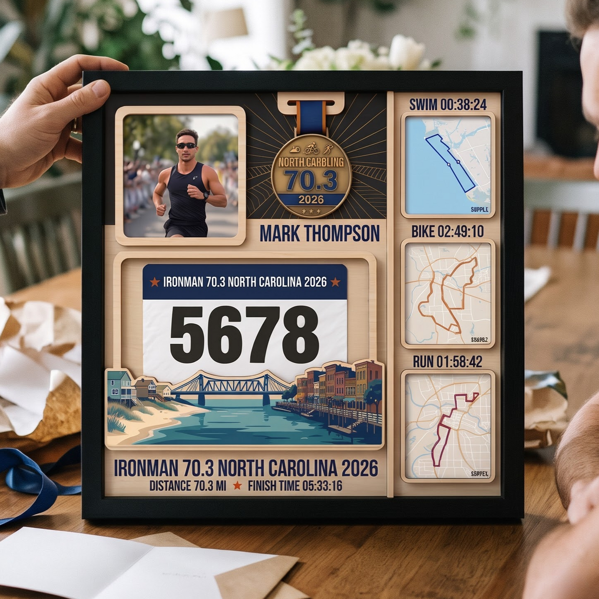 North Carolina Triathlon Medal Display, Personalized Medal Hanger with Photo, Race Bib & Route Options, Triathlete Gift