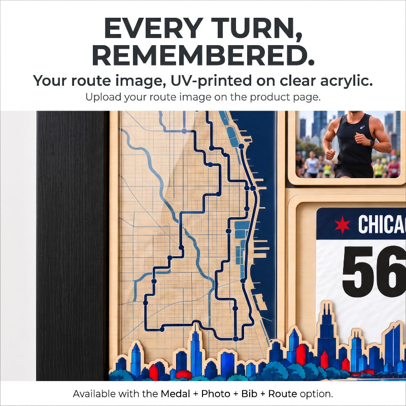 Chicago Marathon Layering Medal Hanger, Personalized Race Route Map on Wood, Custom Bib & Medal Display with Photo, Gift for Marathon Finisher