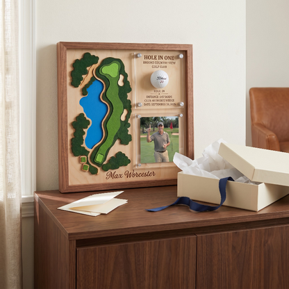 Hole in One Acrylic Display, Personalized Golf Course Map, Ball & Photo Frame, Custom Golf Gift