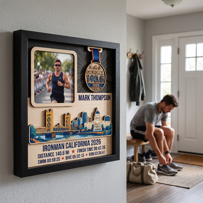 Triathlon Medal Display Frame, Personalized Medal Hanger, Race Bib & Photo Display with Route Option, Triathlete Gift