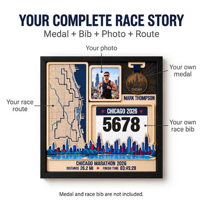 Chicago Marathon Layering Medal Hanger, Personalized Race Route Map on Wood, Custom Bib & Medal Display with Photo, Gift for Marathon Finisher