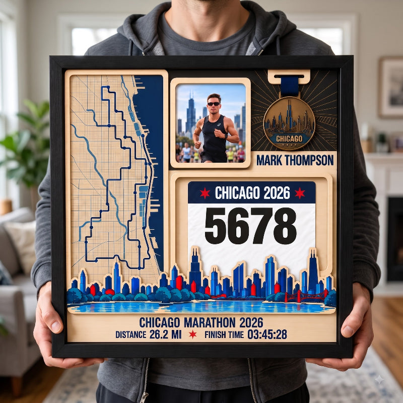 Chicago Marathon Layering Medal Hanger, Personalized Race Route Map on Wood, Custom Bib & Medal Display with Photo, Gift for Marathon Finisher