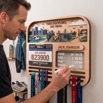 Personalized Triathlon Medal Display, Forest Medal Hanger, Optional Race Bib Holder, Triathlete Gift