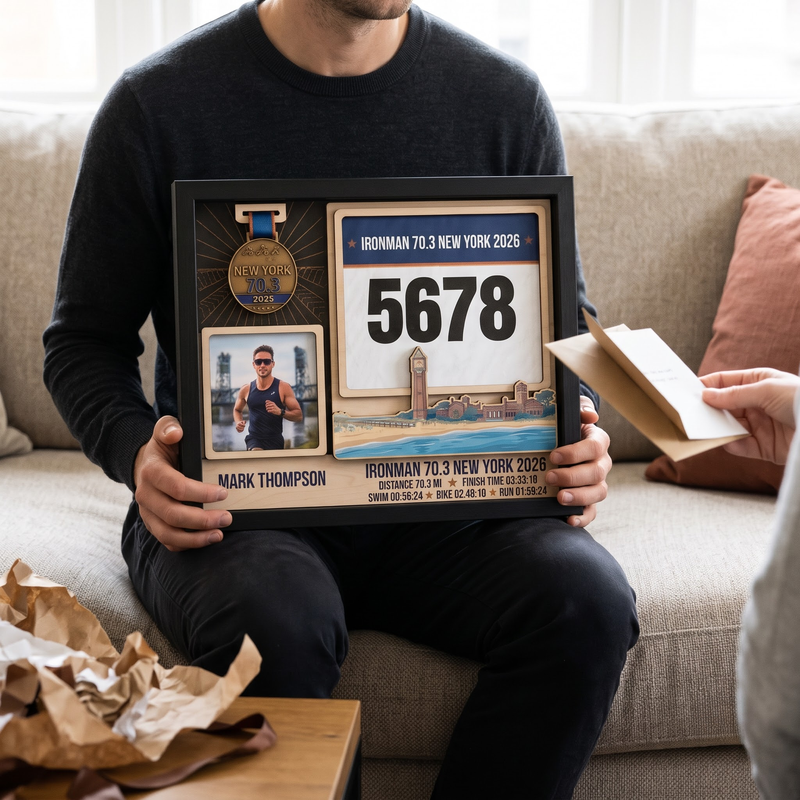 New York Triathlon Medal Display, Personalized Medal Hanger with Photo, Race Bib & Route Options, Triathlete Gift