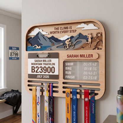 Personalized Triathlon Medal Holder, Layered Mountain Medal Display, Optional Race Bib Holder, Triathlete Gift